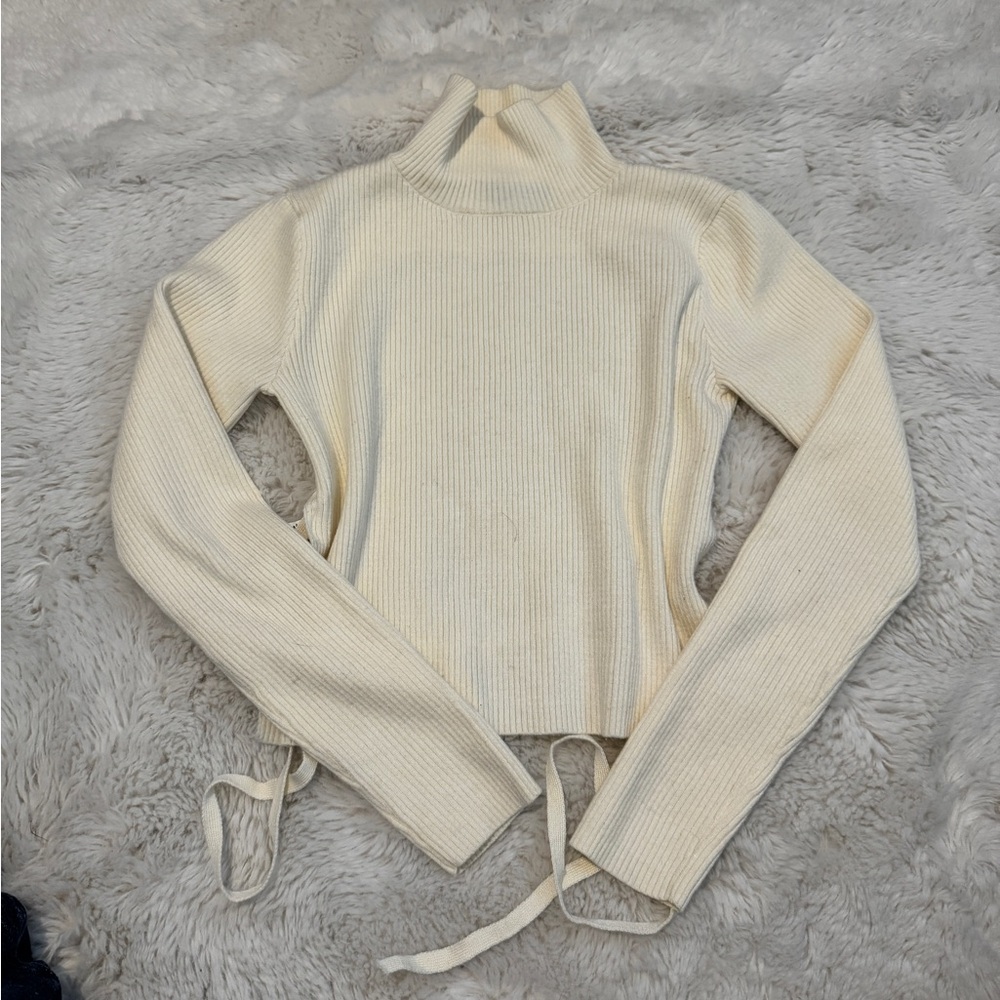 Cream Ribbed Turtleneck Sweater